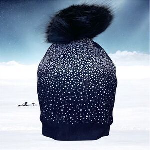 NWT New Adrienne Landau Crystal & Faux Fur Beanie Hat Black OS Winter Warm Bling